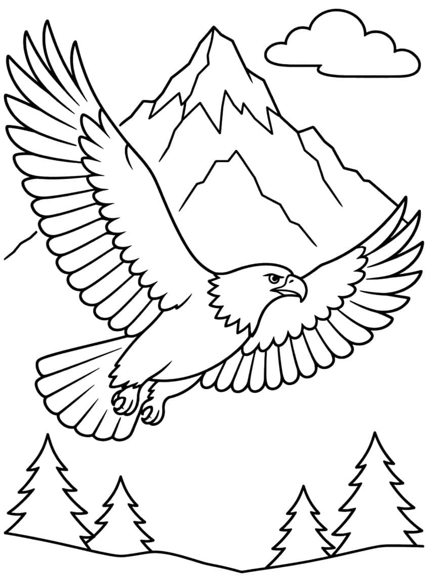 Bald eagle with spread wings flying in front of a rocky mountain, a cloud and four pine trees