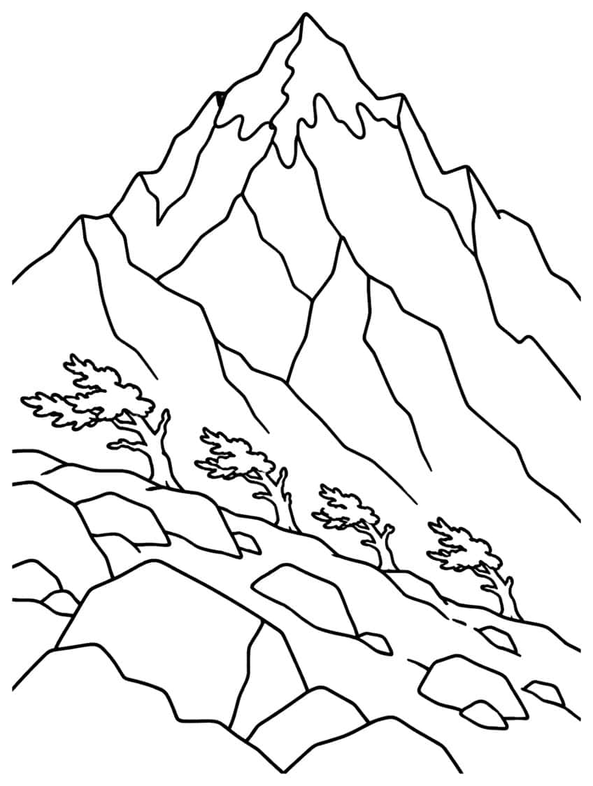 Four wind-bent trees on a boulder slope below a jagged snow-capped mountain peak