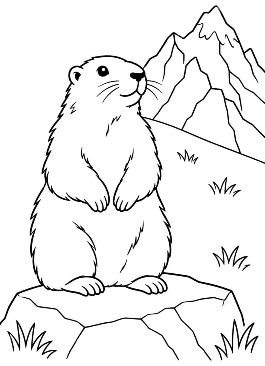 Upright marmot on a cracked boulder with a jagged mountain and grass tufts behind it