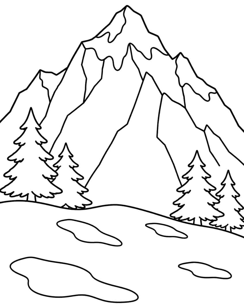 Jagged mountain peak with dripping snow, four spruce trees and four snow patches on a grassy slope