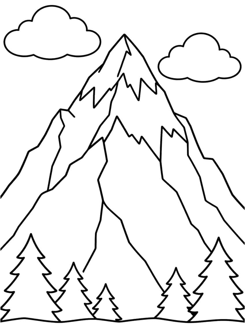Large jagged mountain with snowcap, five pine trees at the bottom and two clouds above