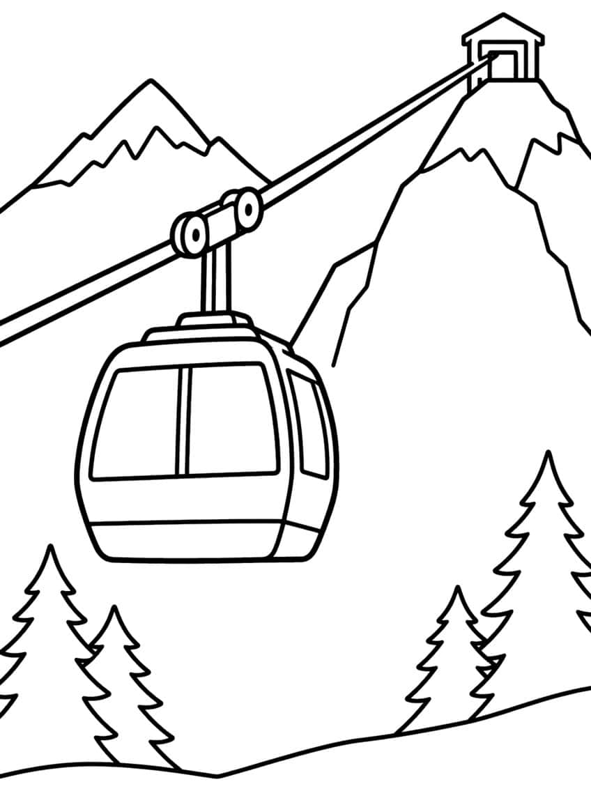 Cable car gondola on a cable to a mountain station, with peaks and pine trees
