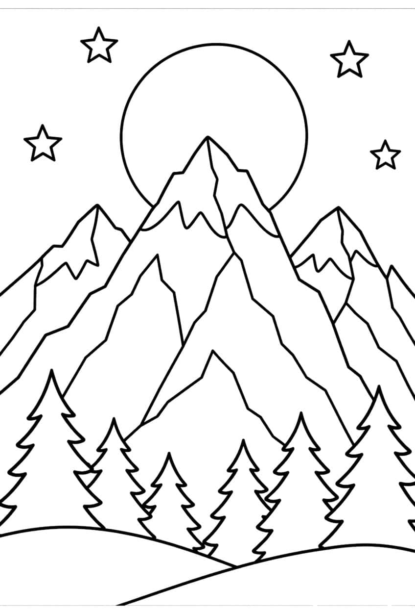 Full moon behind three jagged mountain peaks with four stars, six spruce trees and rolling hills