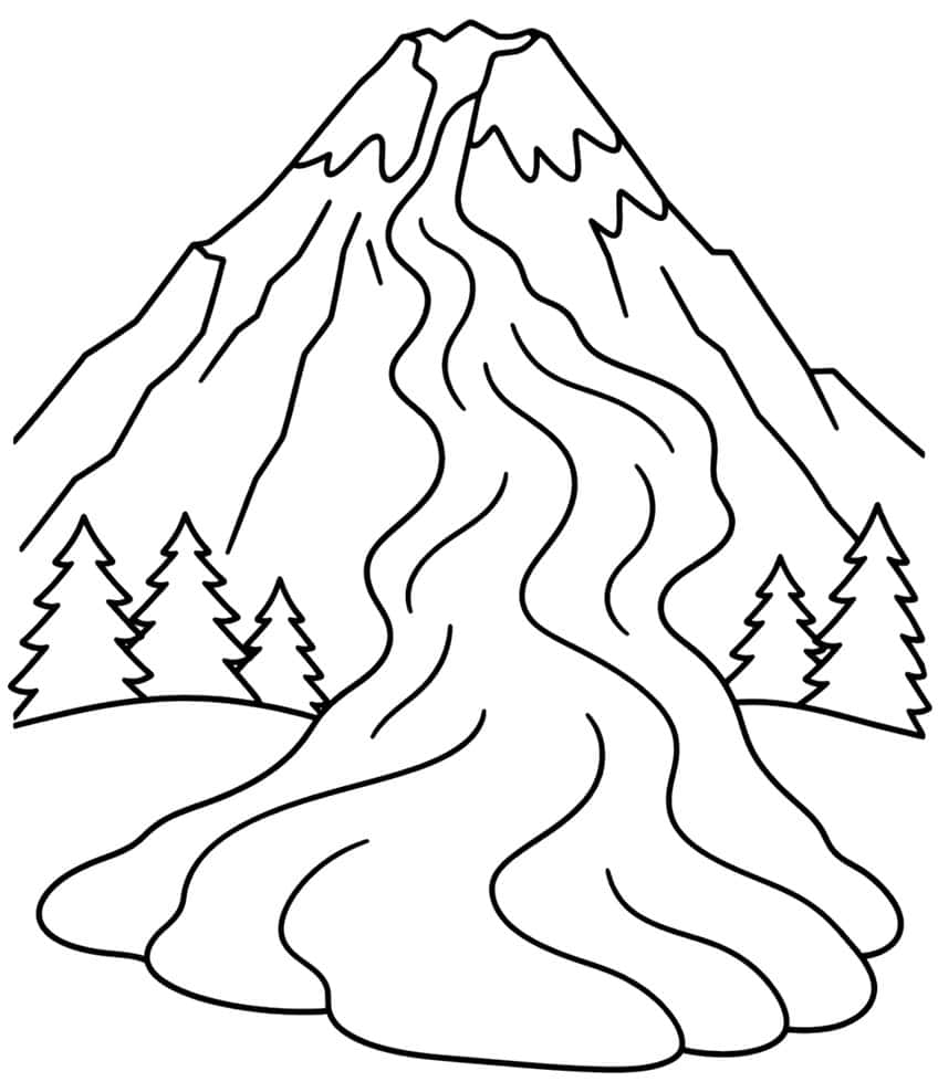 Volcano with wavy lava flow down its slope, five pine trees on hills at both sides