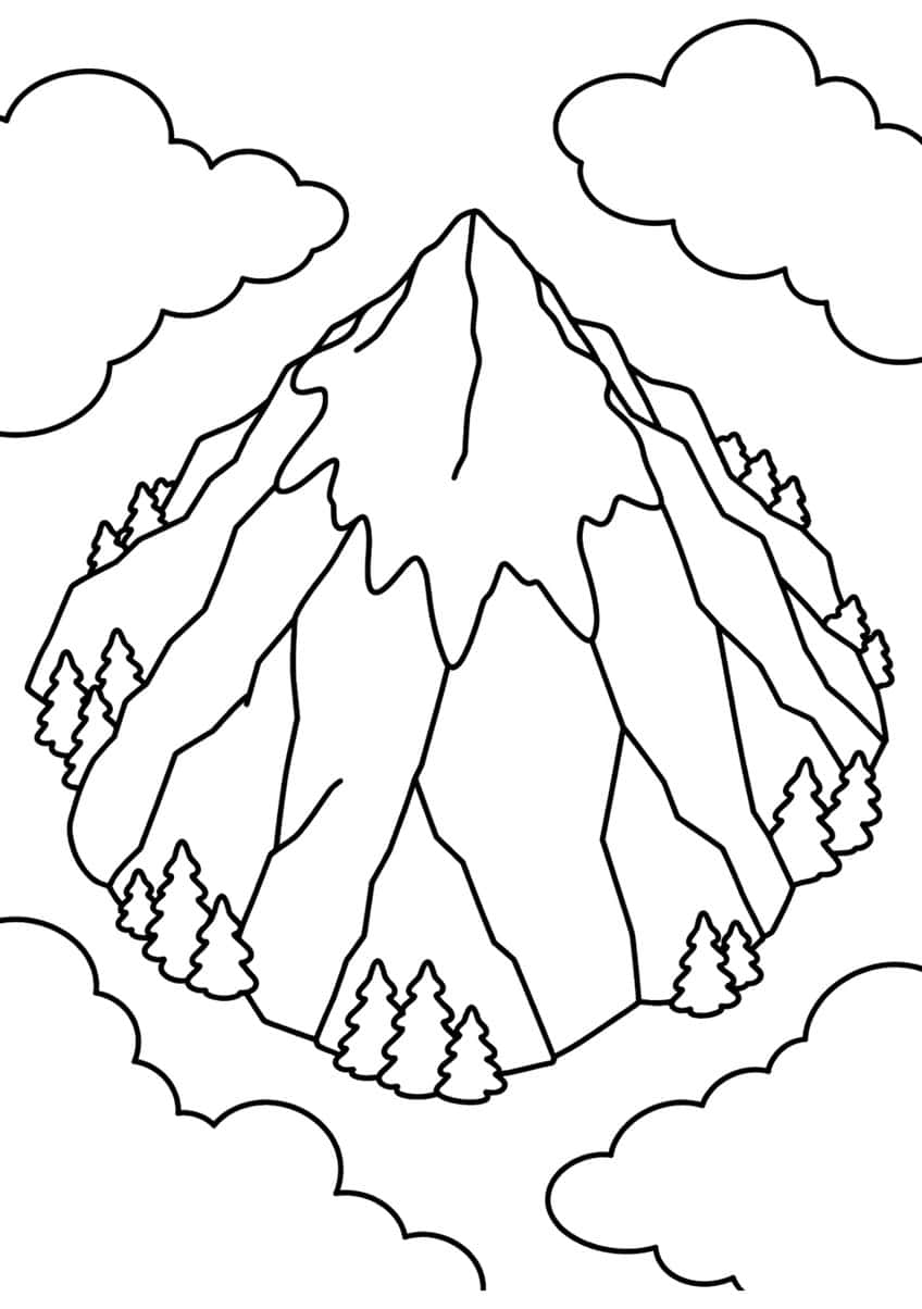 Mountain peak seen from above with ridge lines, pine trees around the base and four clouds in the corners