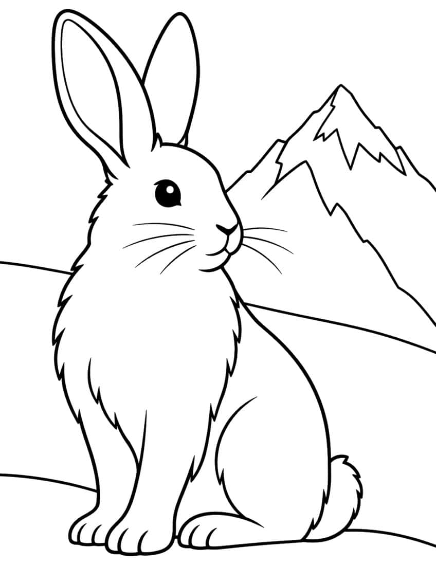 Sitting snow hare with tall ears and whiskers in front of a snowy mountain peak and hills