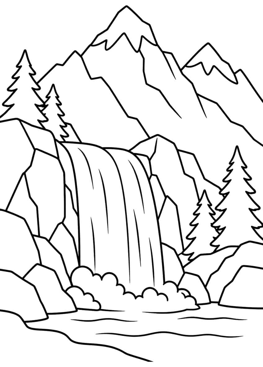 Large waterfall between rocks with spruce trees, snowy mountain peaks behind and foam at the pool