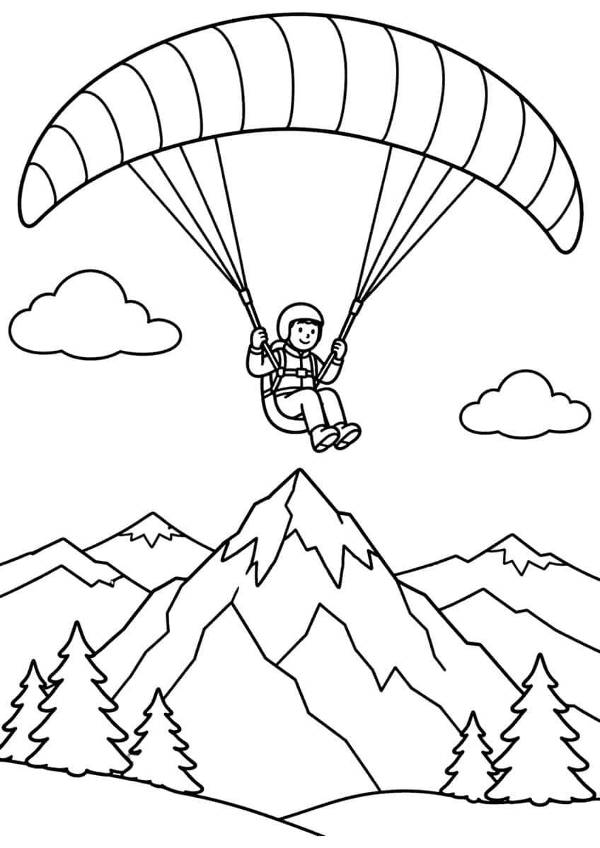 Paraglider with ribbed canopy over snowy mountains, two clouds and five pine trees