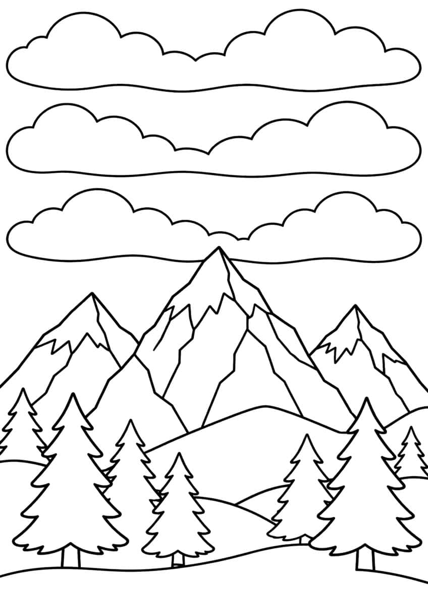 Three stacked clouds above three snowy mountain peaks, pine trees and rolling hills
