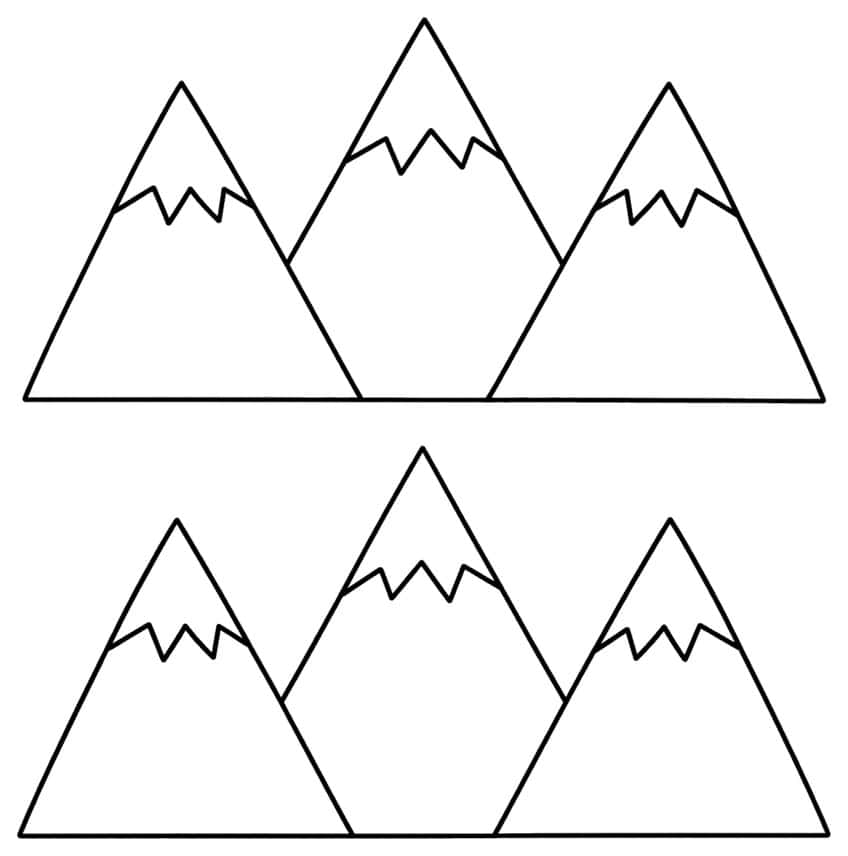 Six triangular mountain peaks in two rows, each with a zigzag snowcap