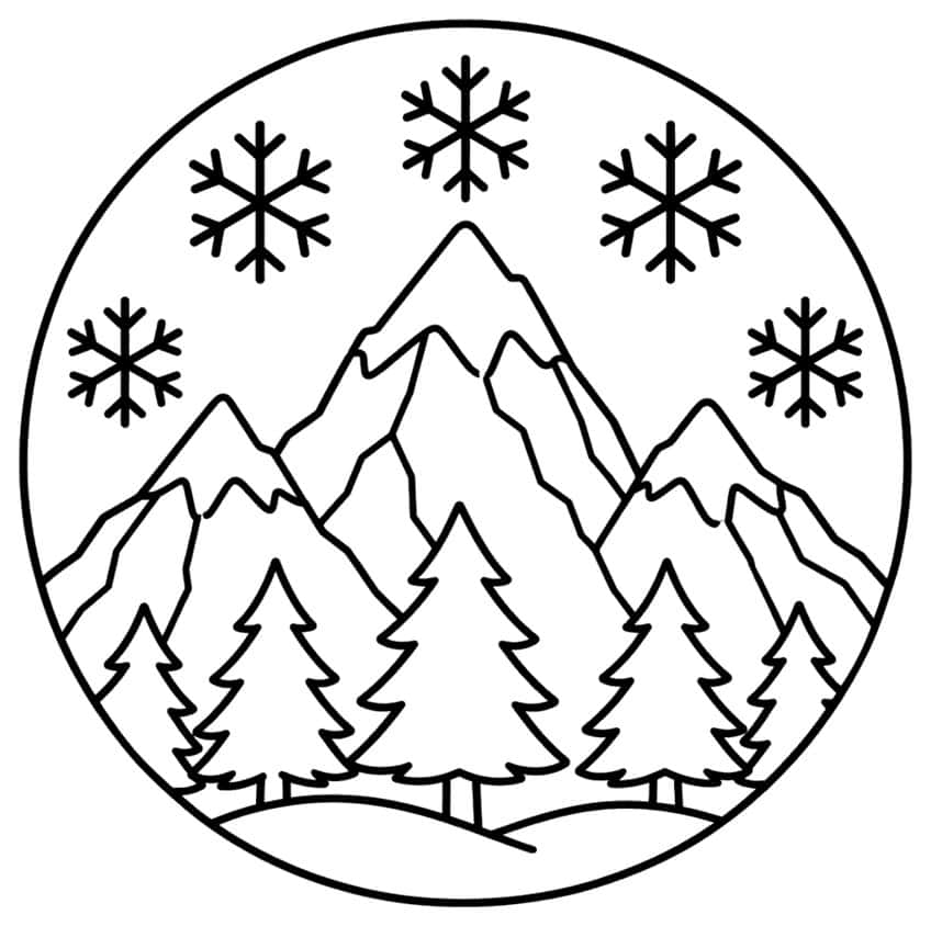 Circular scene of five snowflakes above three mountain peaks, four pine trees and low hills