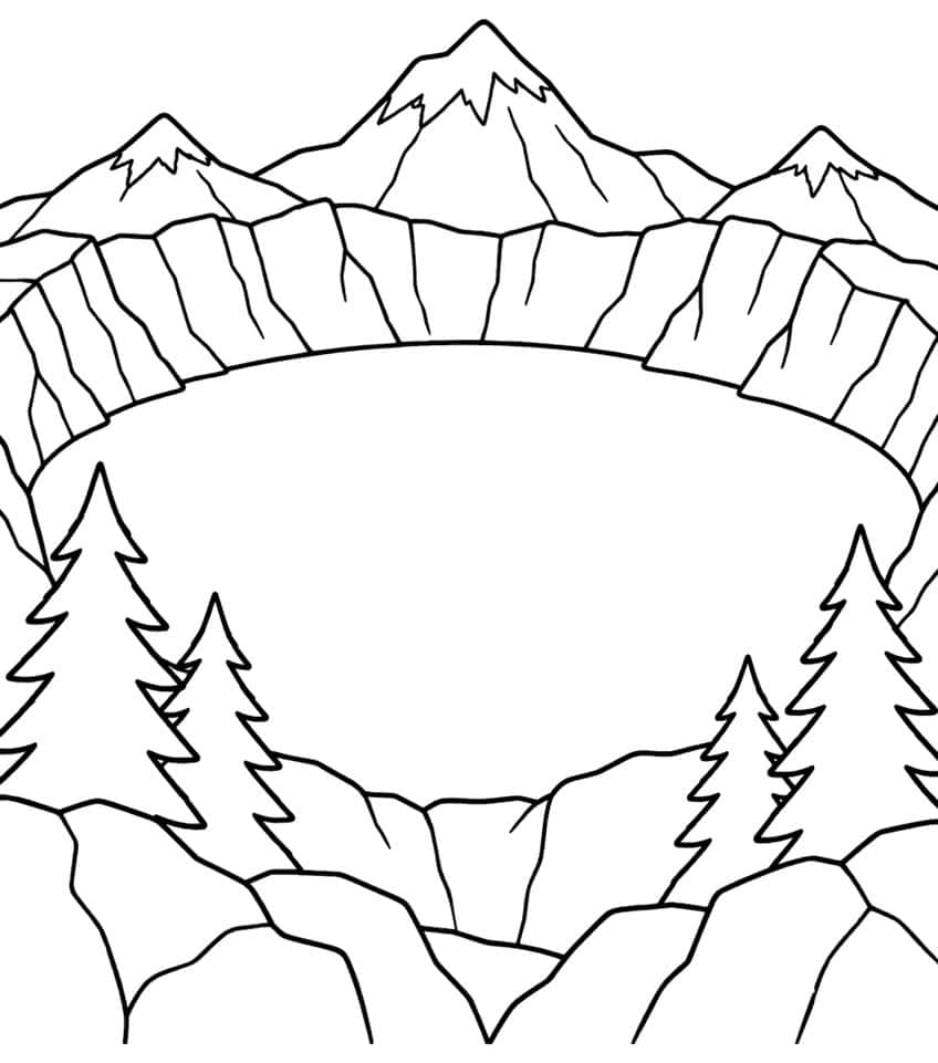 Oval crater lake surrounded by cliff walls, three snowy peaks and four spruce trees