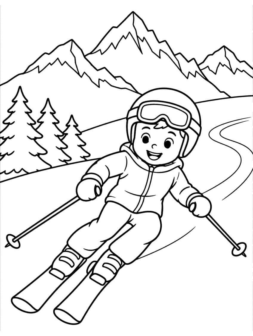 Child skier in helmet and goggles with poles, spruce trees and jagged mountains behind