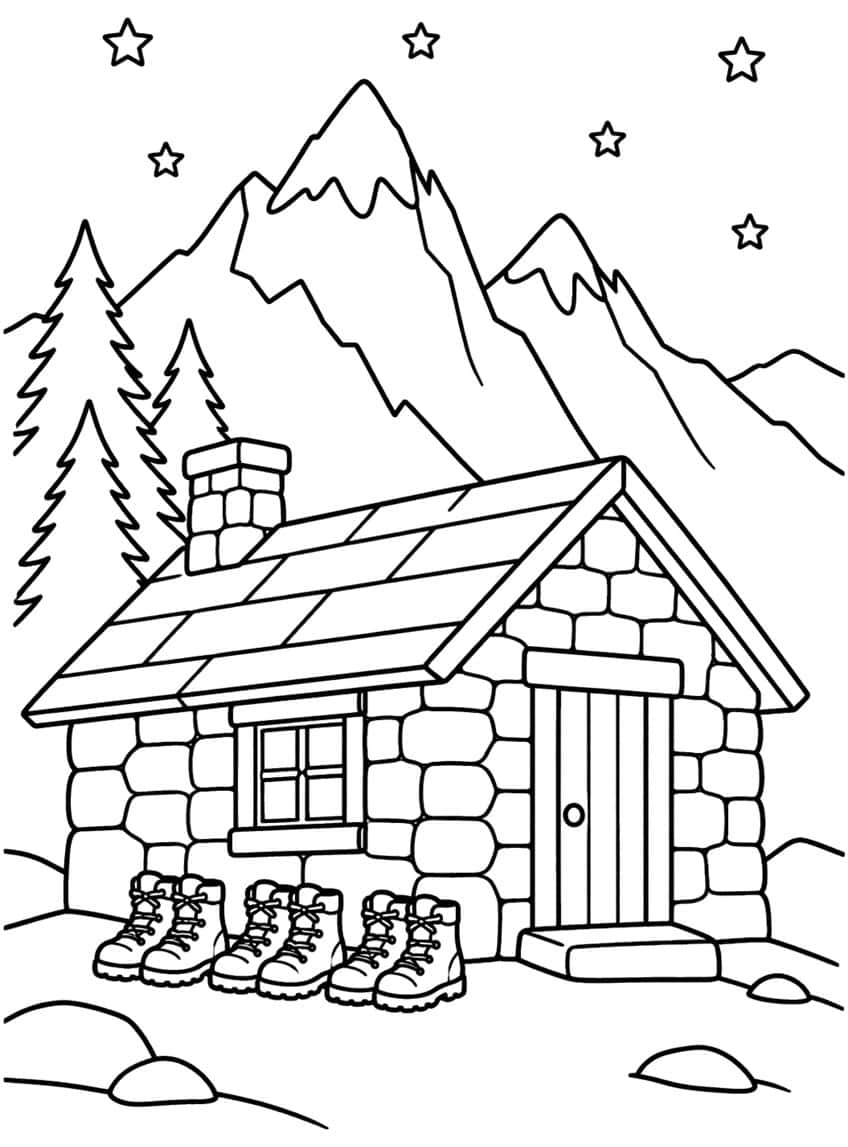 Stone mountain hut with chimney, door and three pairs of hiking boots, pines and peaks behind