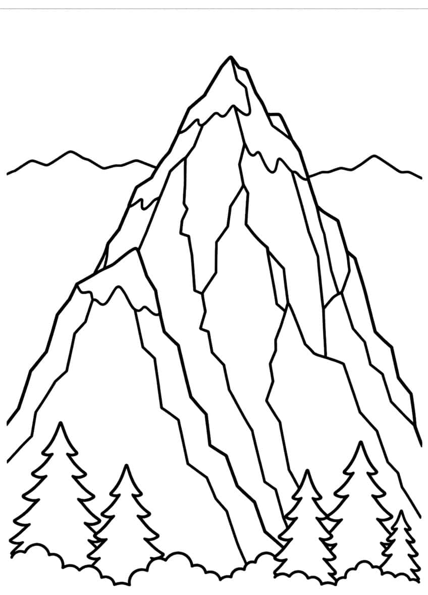 Steep mountain peak with jagged cracks, distant hills, pine trees and shrubs at the base
