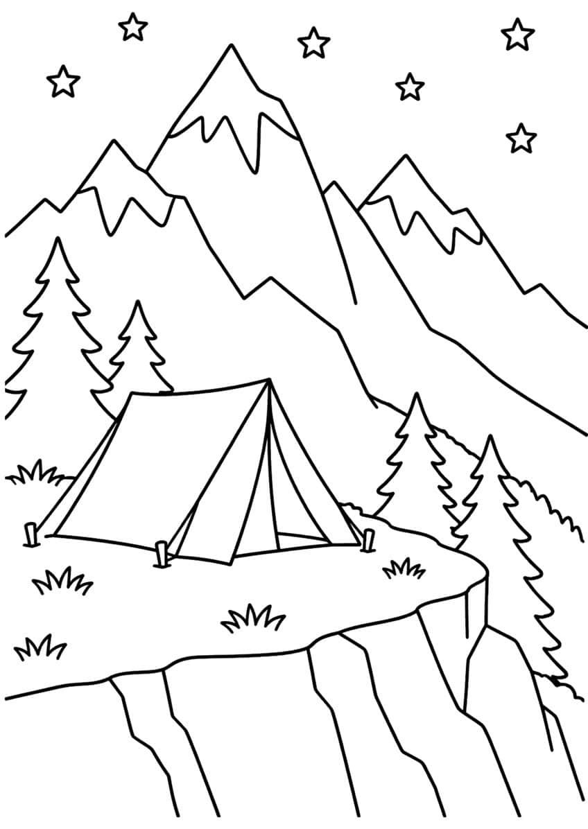 Tent on a grassy cliff ledge with pine trees, snowy mountain peaks and six stars