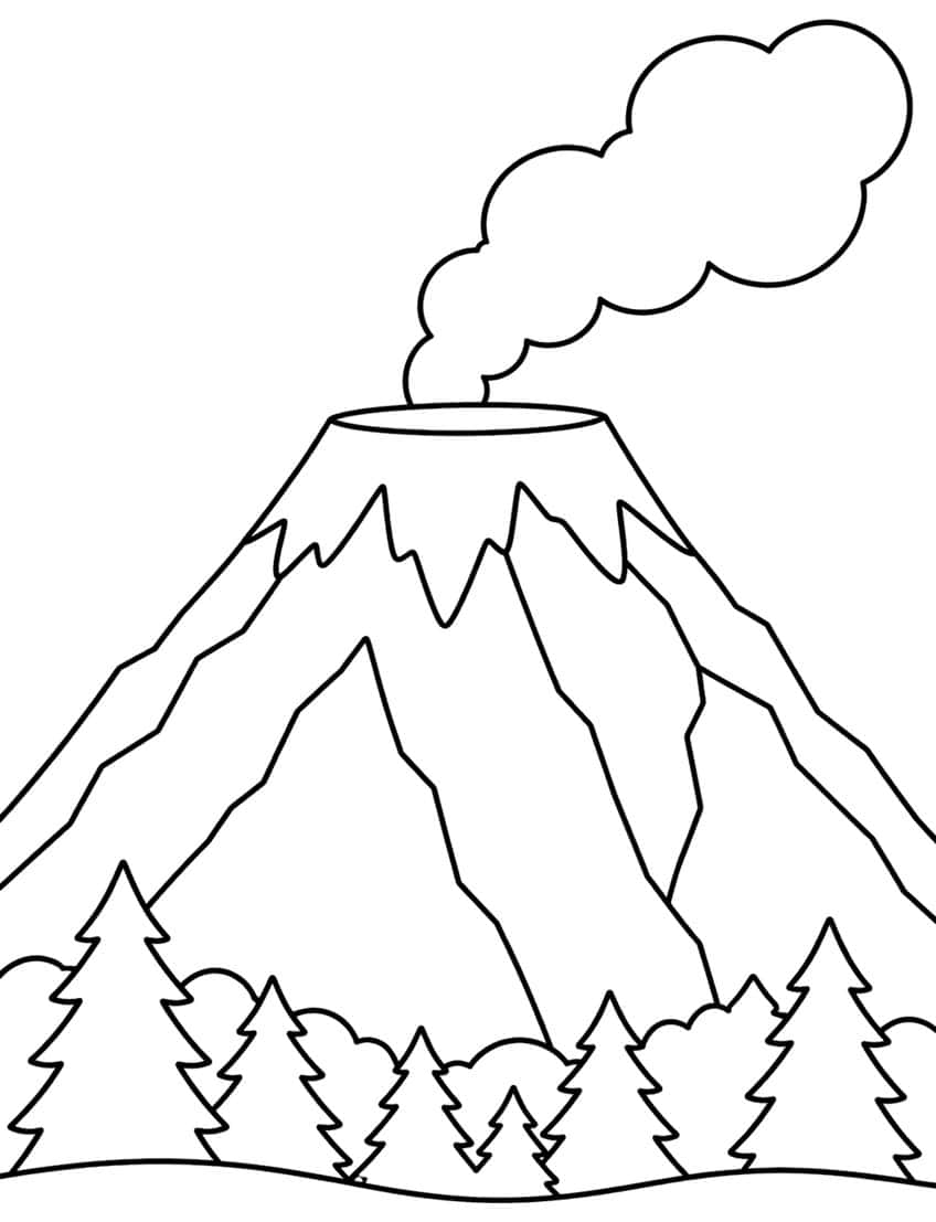 Smoking volcano with crater rim, smoke cloud, rocky ridges and pine trees at the base