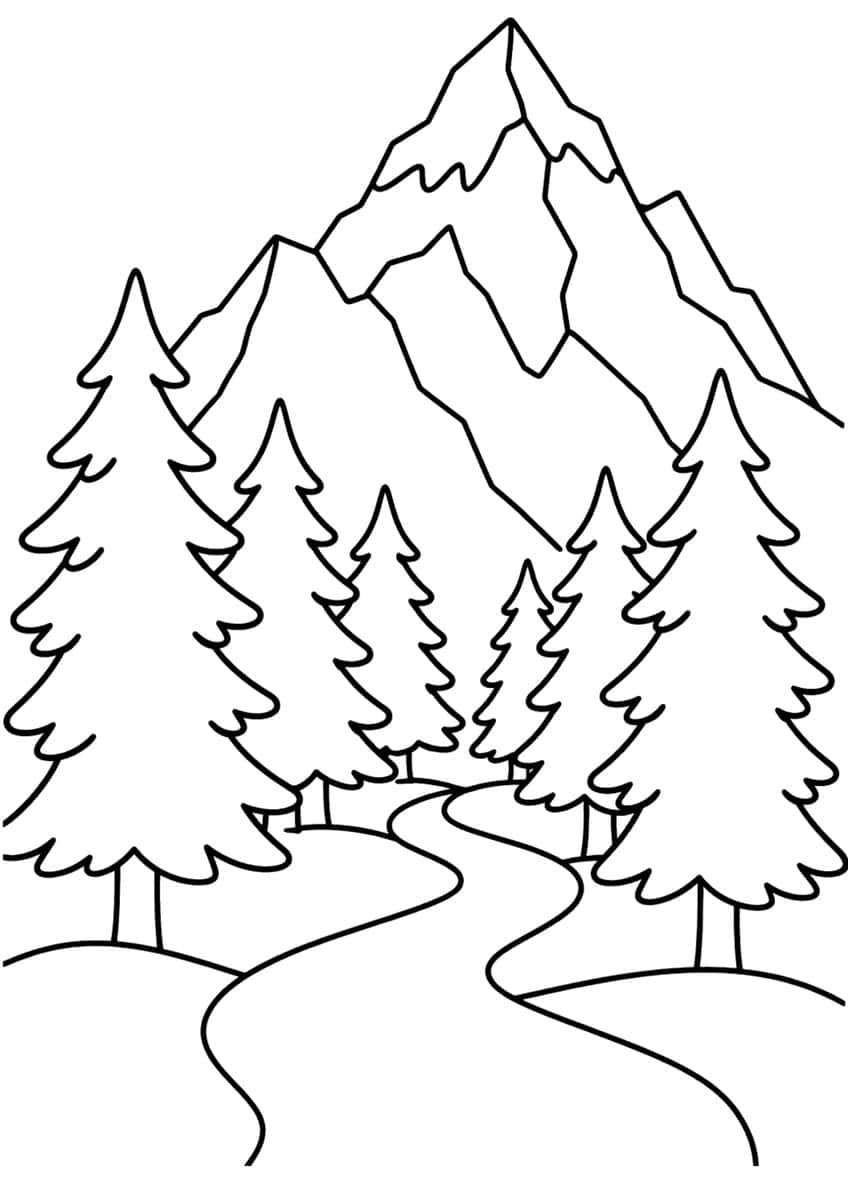 Winding path through six tall evergreen trees with a jagged mountain peak behind