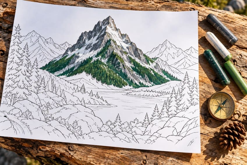 mountain coloring page partly colored in with pencils