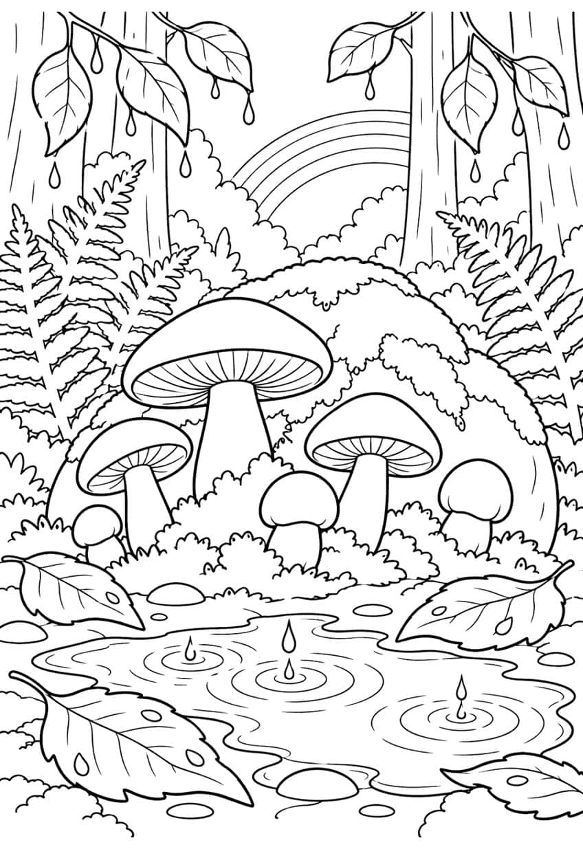 Seven mushrooms on a mossy mound by a rain puddle, with ferns, leaves, tree trunks and a rainbow