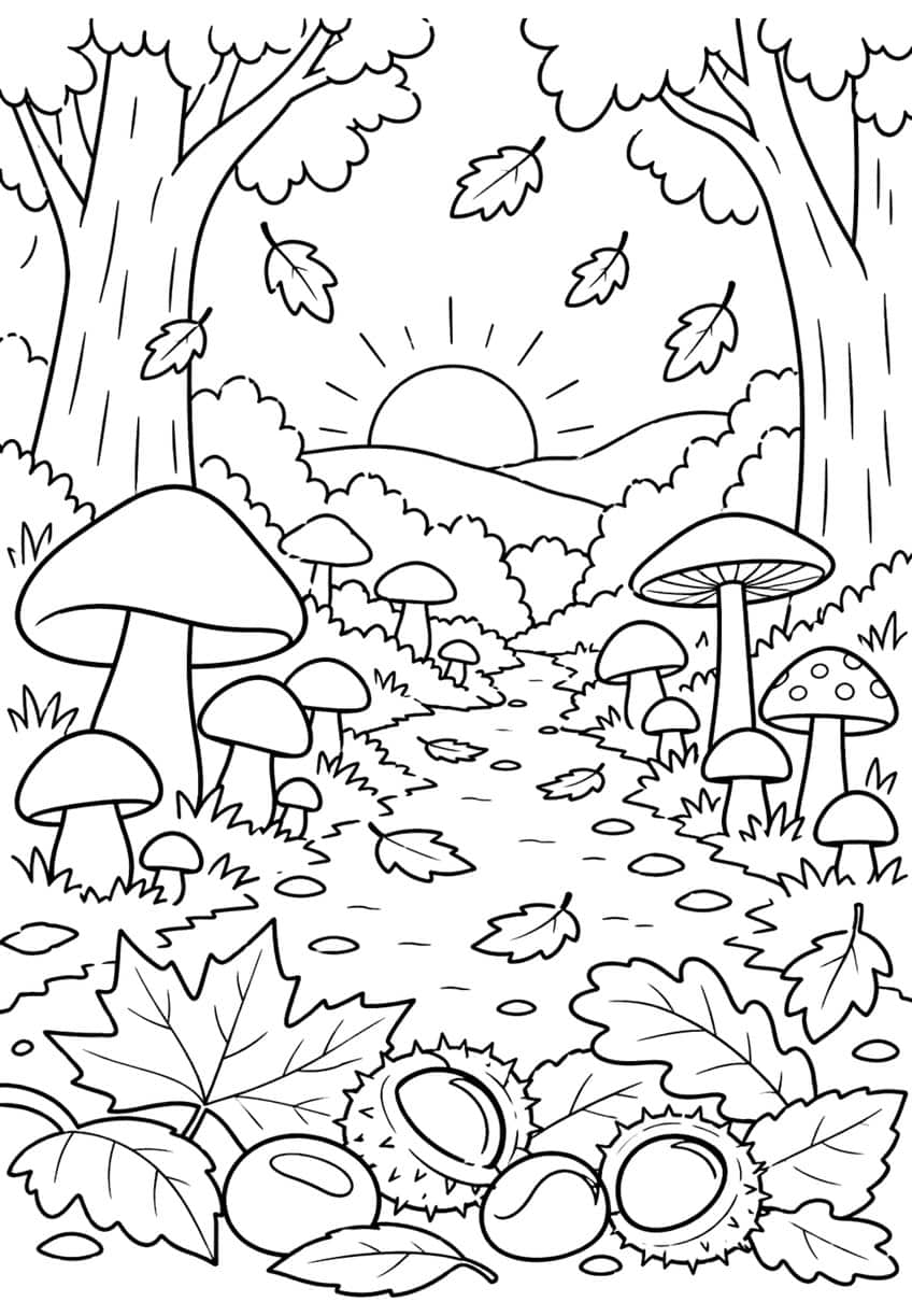 Forest path at sunset with mushrooms, two trees, falling leaves and chestnuts in spiky burrs