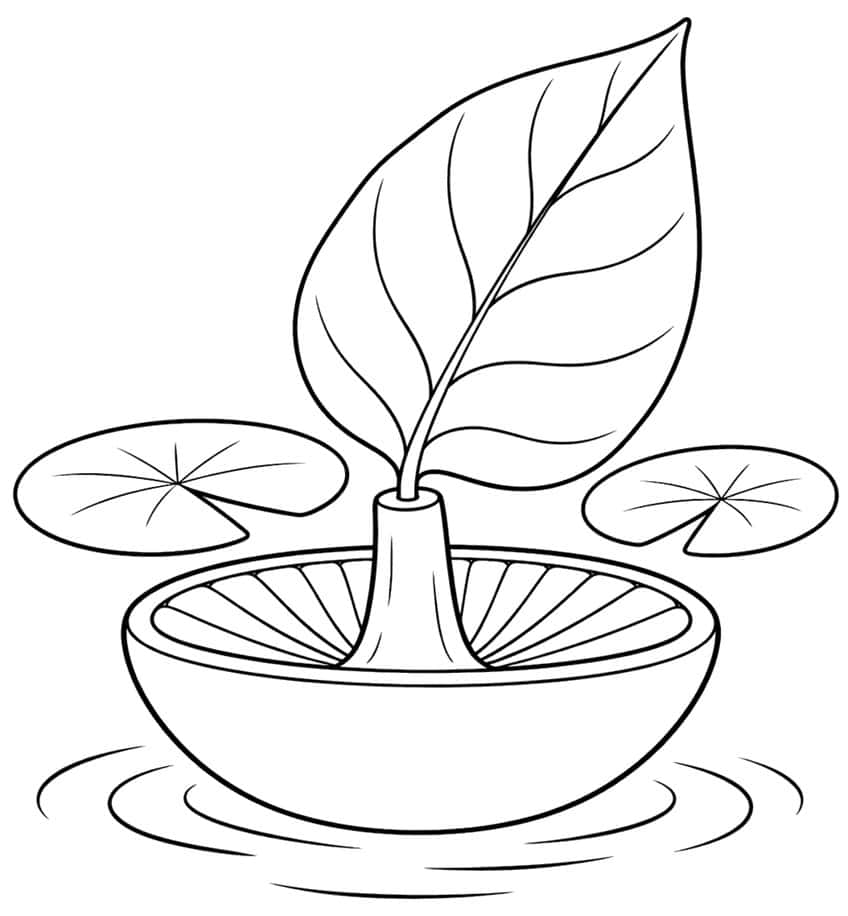Mushroom cap boat with a large leaf sail, two lily pads and water ripples