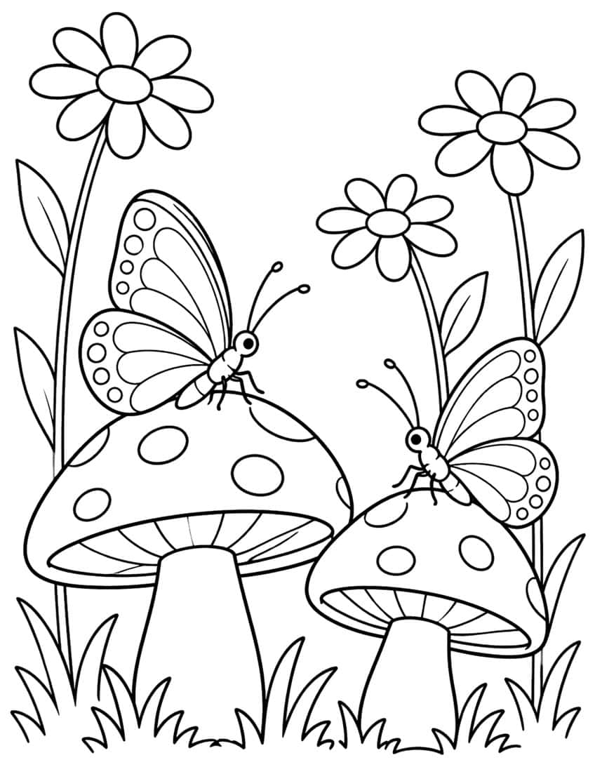 Two butterflies on spotted mushroom caps with three daisies and grass