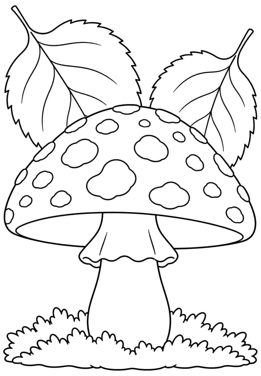 Fly agaric mushroom with spotted cap, ring on the stem, two serrated leaves and moss at the base