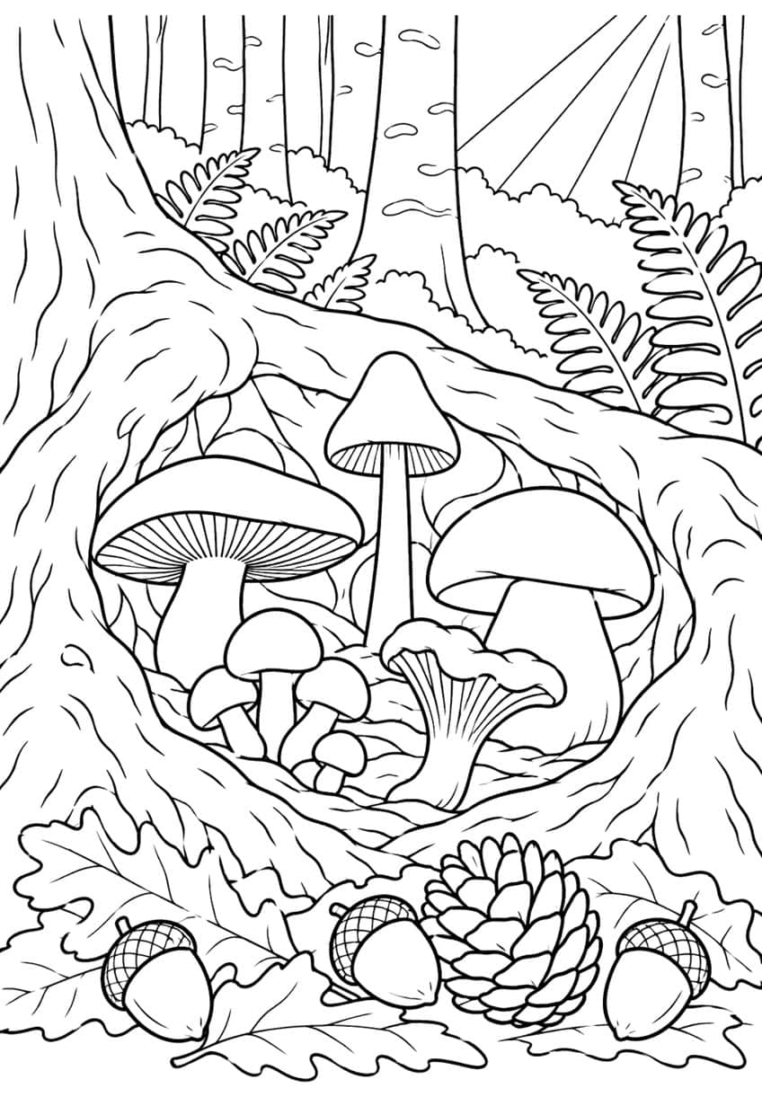 Mushrooms between big tree roots with ferns, acorns, a pine cone and oak leaves