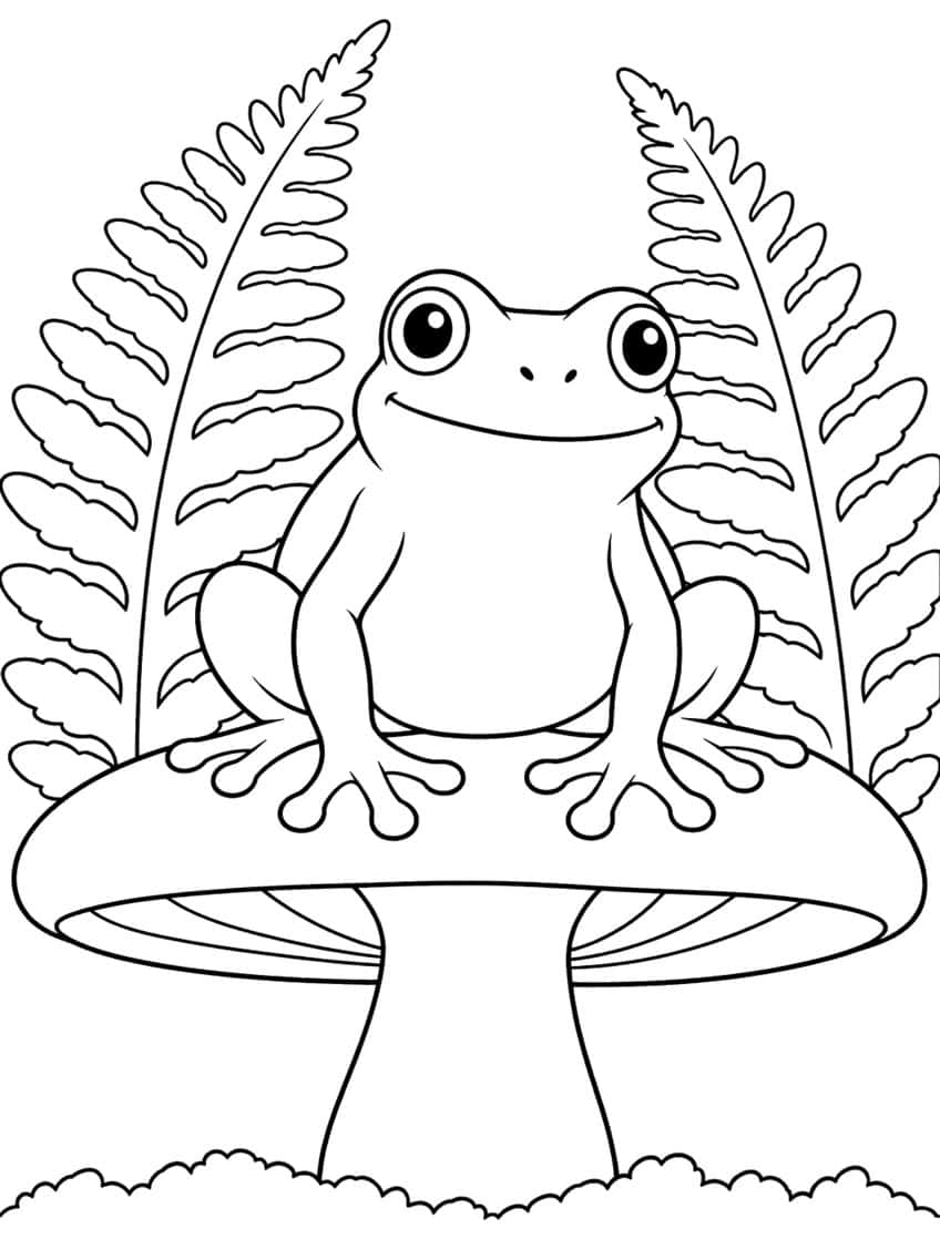 Smiling frog sitting on a mushroom cap in front of two tall ferns, with moss at the base