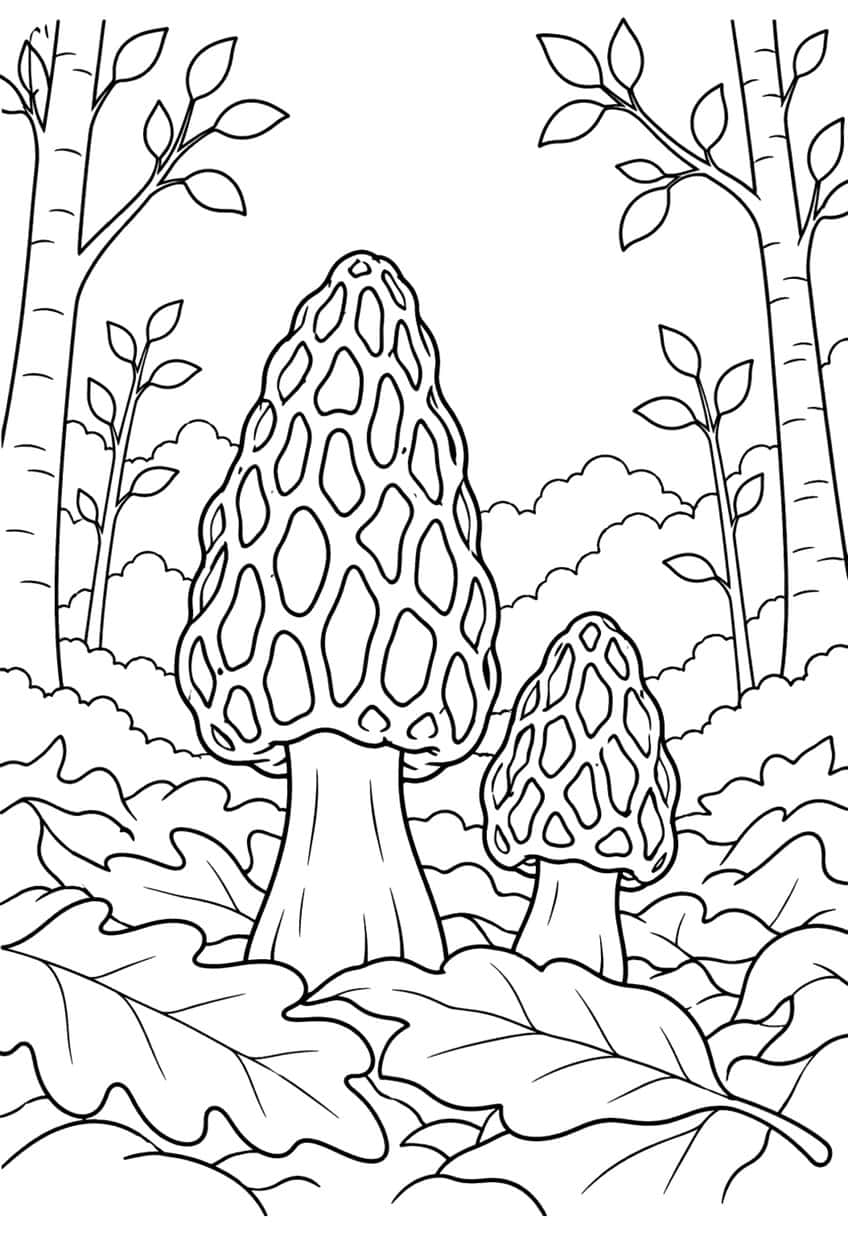 Two honeycomb morels on oak leaves with birch trunks, saplings and hedges behind