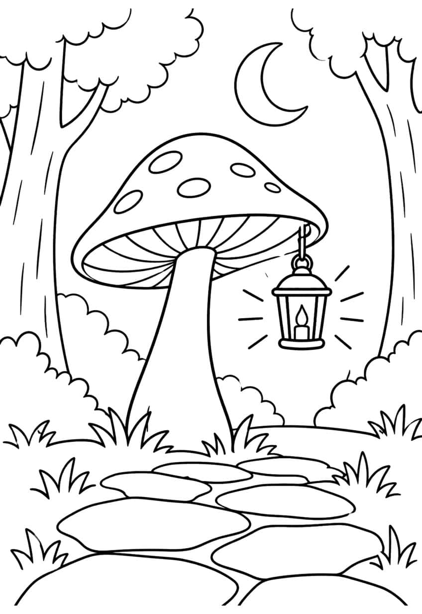 Spotted mushroom with a glowing lantern, crescent moon, two trees, bushes and stepping stones