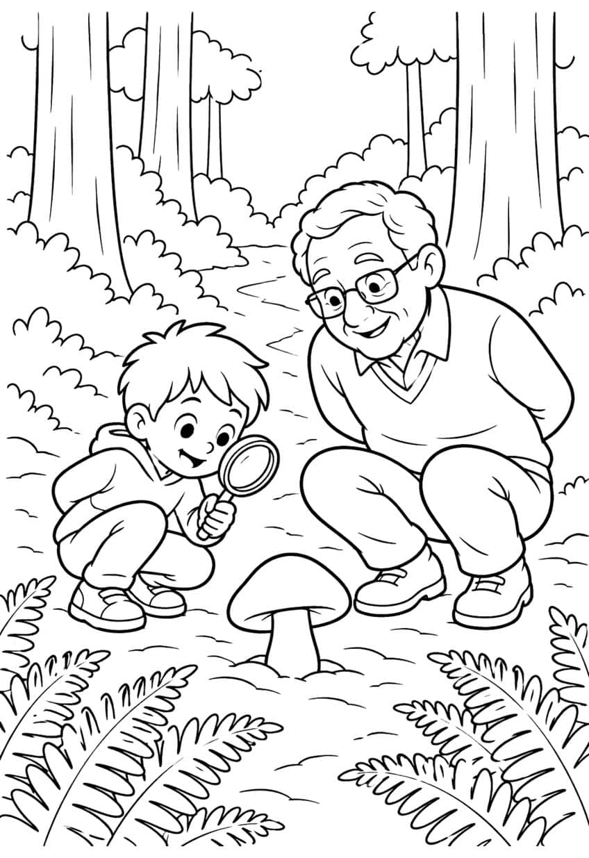 Boy with magnifying glass and grandfather crouching by a mushroom in a forest with ferns