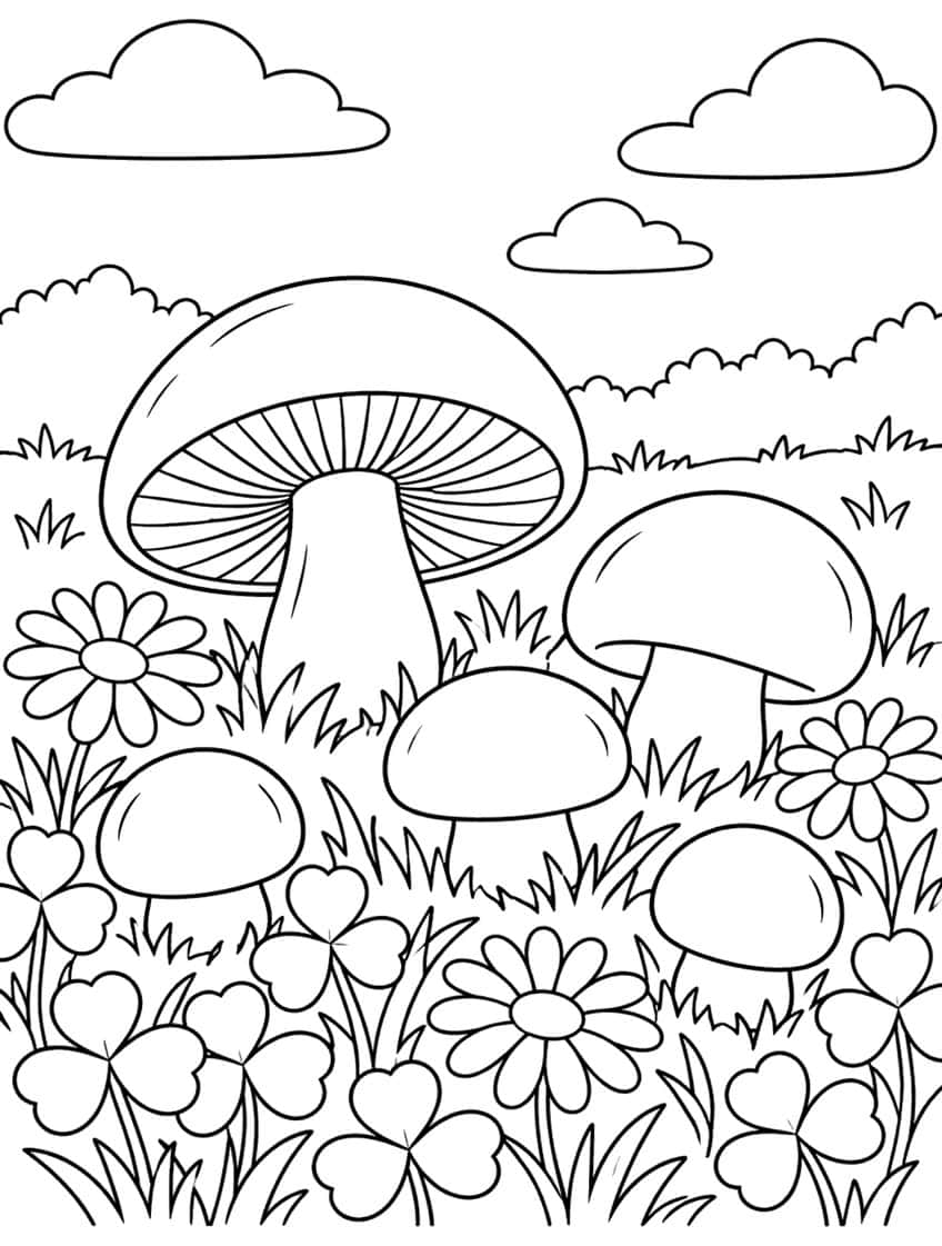 Five champignon mushrooms with daisies, clover leaves, grass, bushes and clouds in a meadow