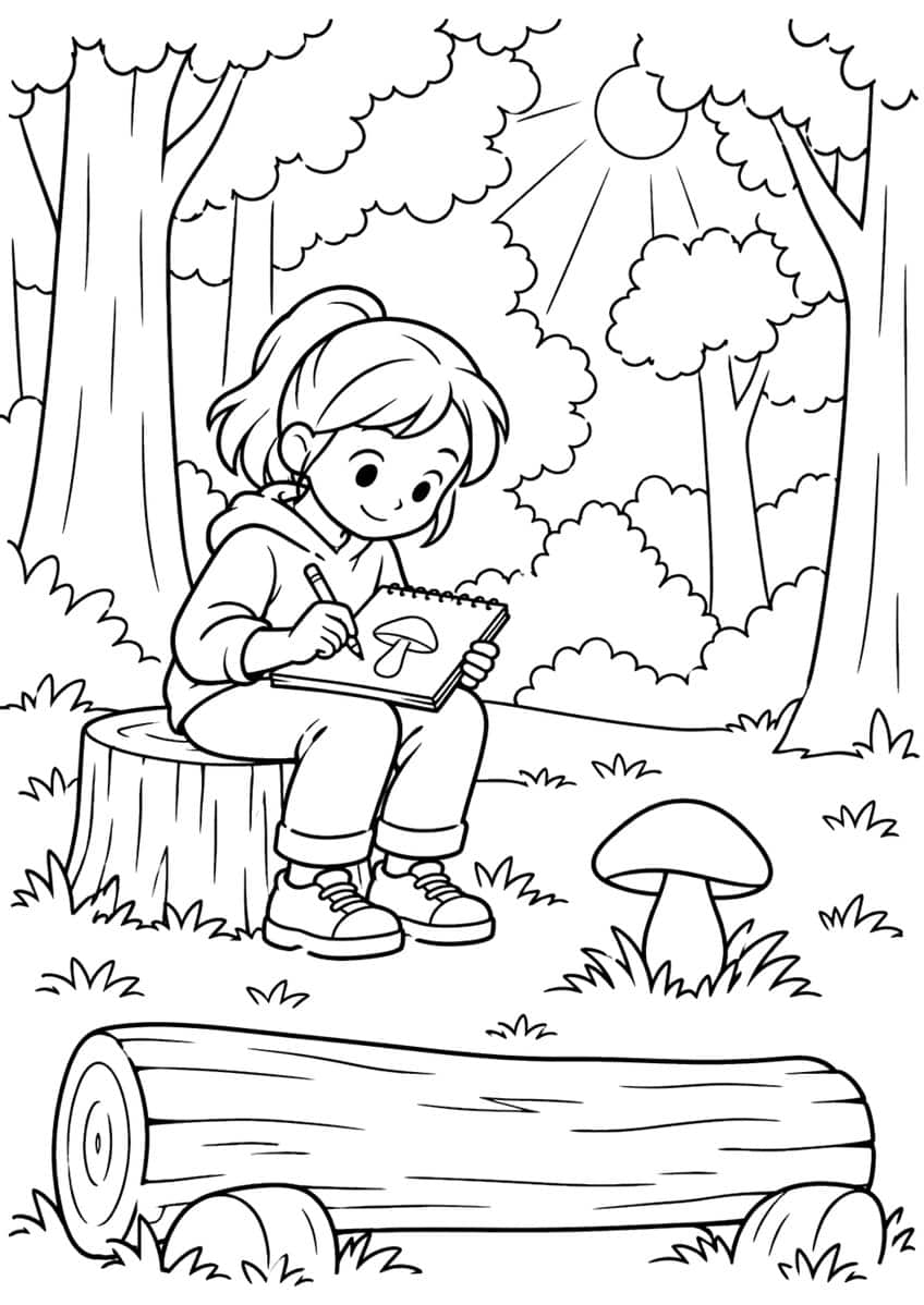 Girl on a stump sketching a mushroom, real mushroom in grass, forest trees, sun and a log
