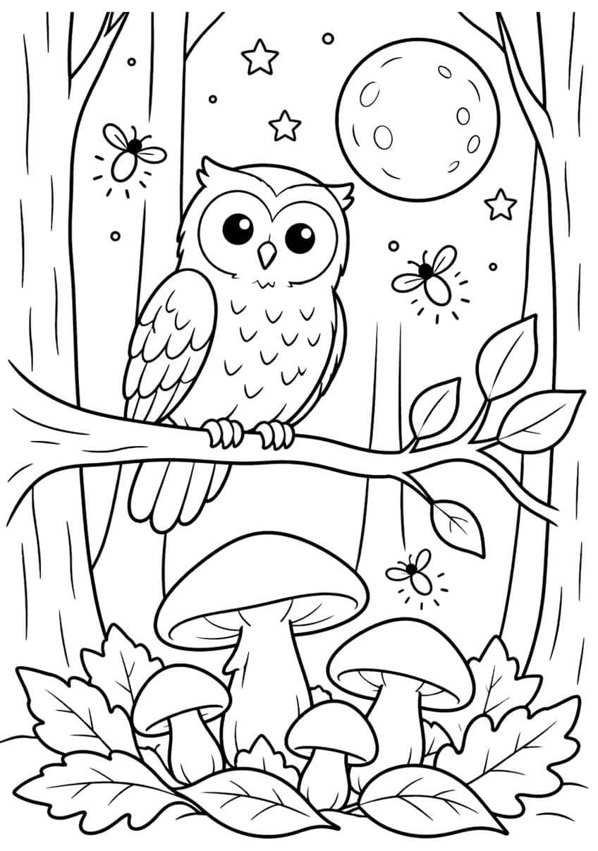 Owl on a branch with moon, stars and fireflies above four mushrooms and oak leaves