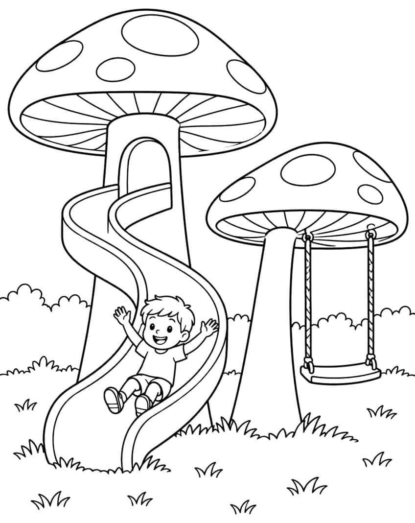 Boy sliding down a spiral slide on a giant spotted mushroom, with a rope swing on a second mushroom