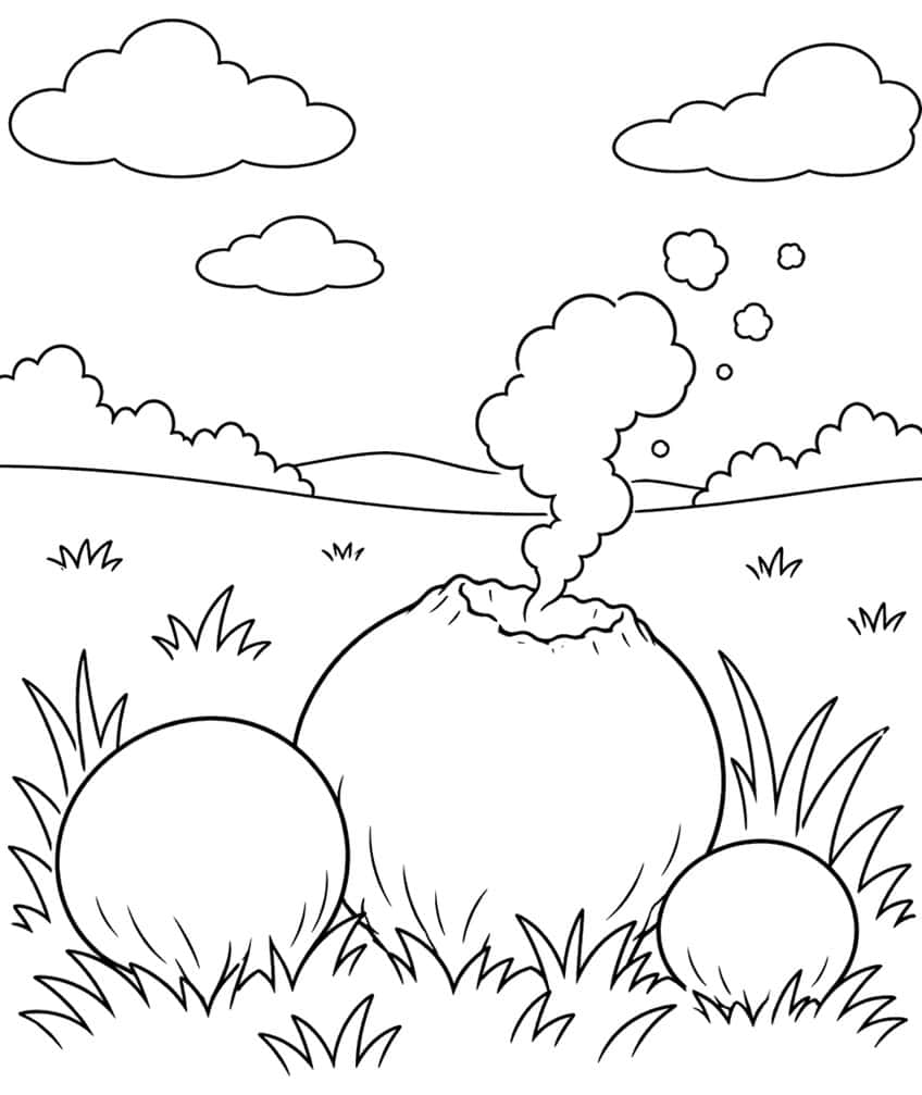Three round puffball mushrooms in grass, the largest releasing a spore cloud, with clouds and hills behind
