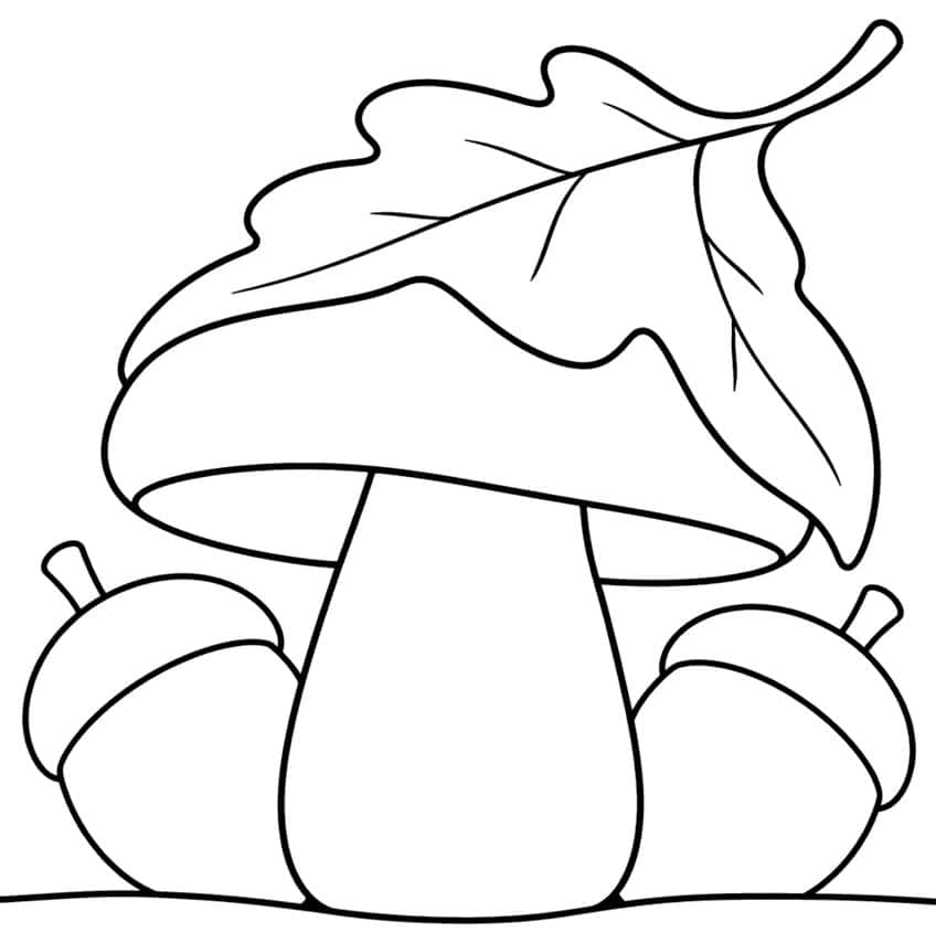 Mushroom with an oak leaf over its cap and two acorns beside the stem