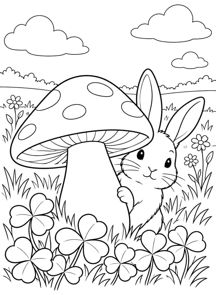 Rabbit peeking from behind a spotted mushroom in a meadow with clover, flowers and clouds