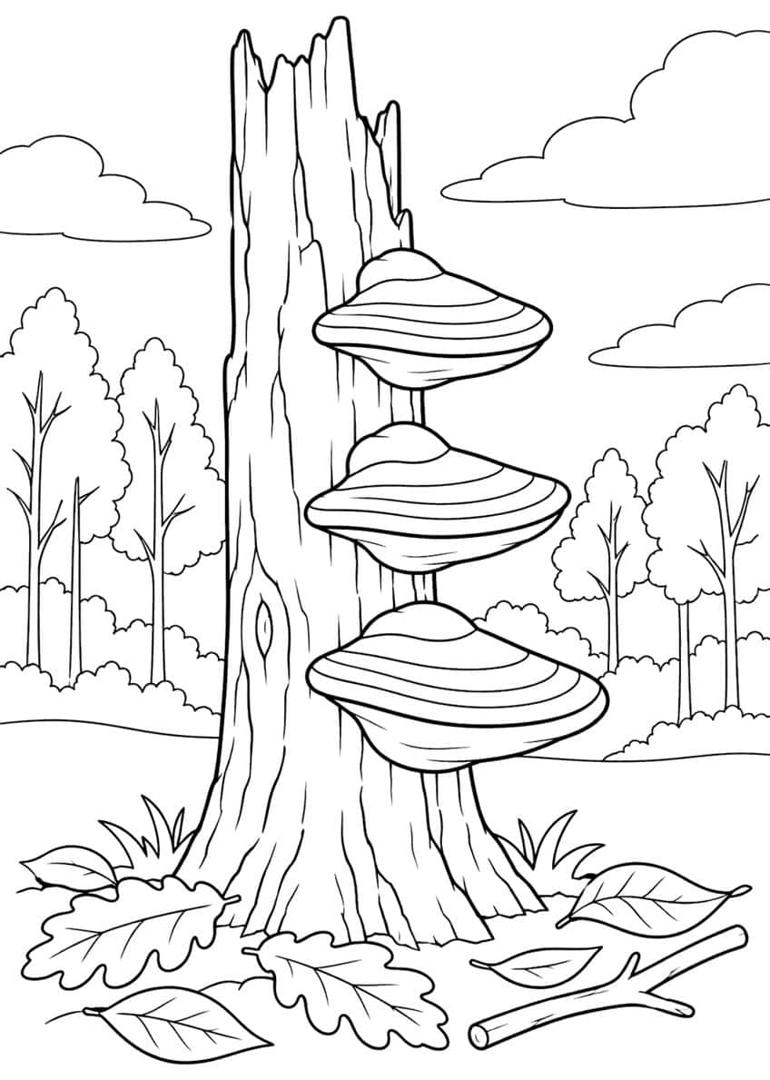 Three shelf fungi on a dead tree trunk with fallen leaves, a twig, forest trees and clouds