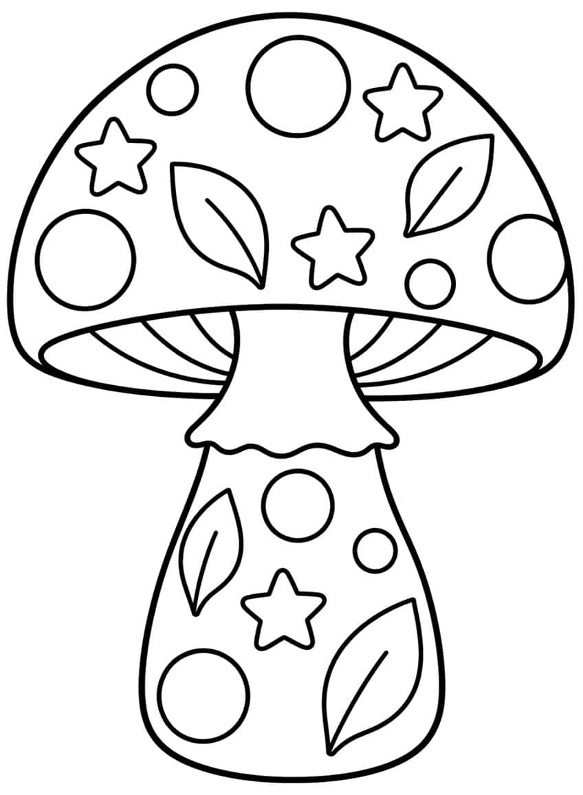 Large mushroom with gills, wavy ring and circles, stars and leaves on cap and stem