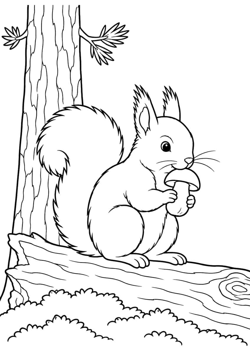 Squirrel with a mushroom sitting on a log beside a pine tree trunk with moss tufts