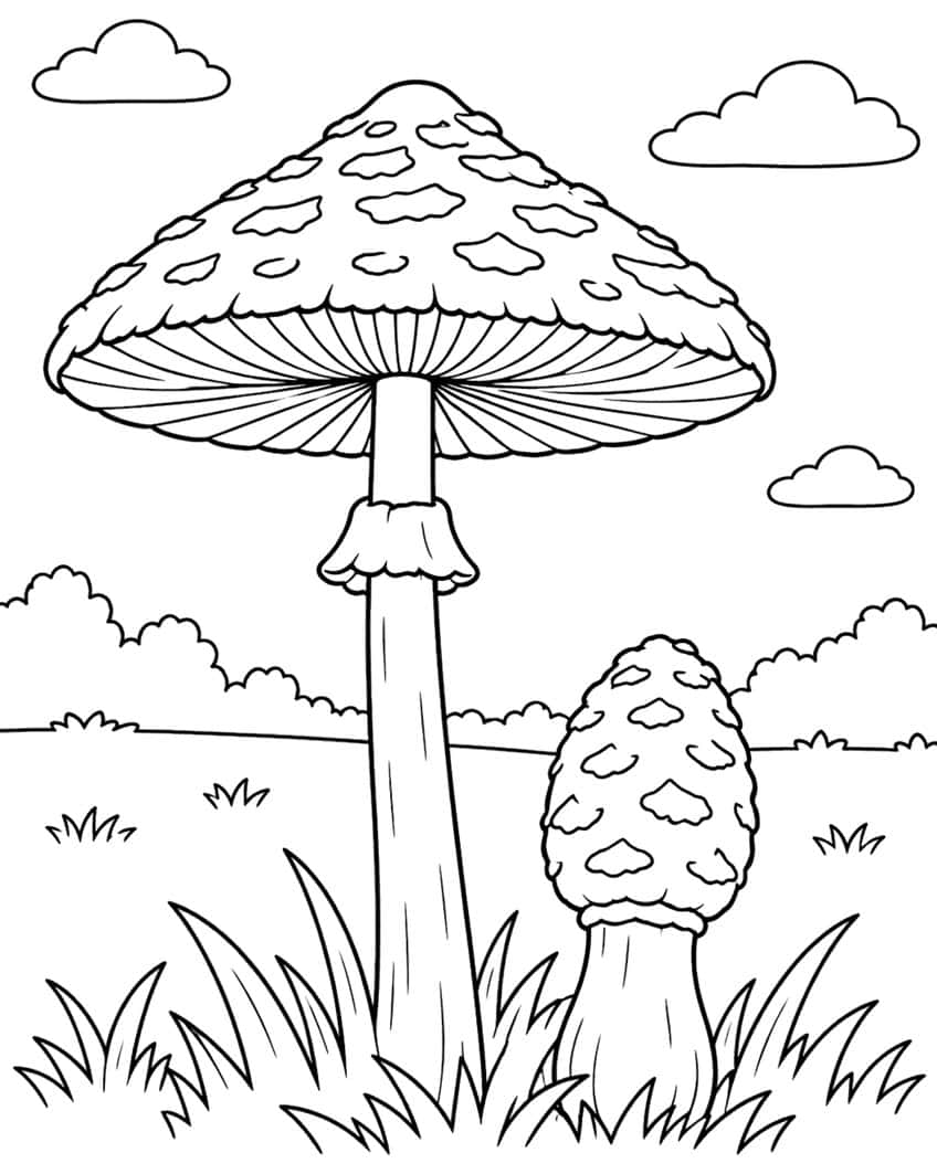 Tall parasol mushroom with a ringed stem and a small young one in grass, with hedges and clouds
