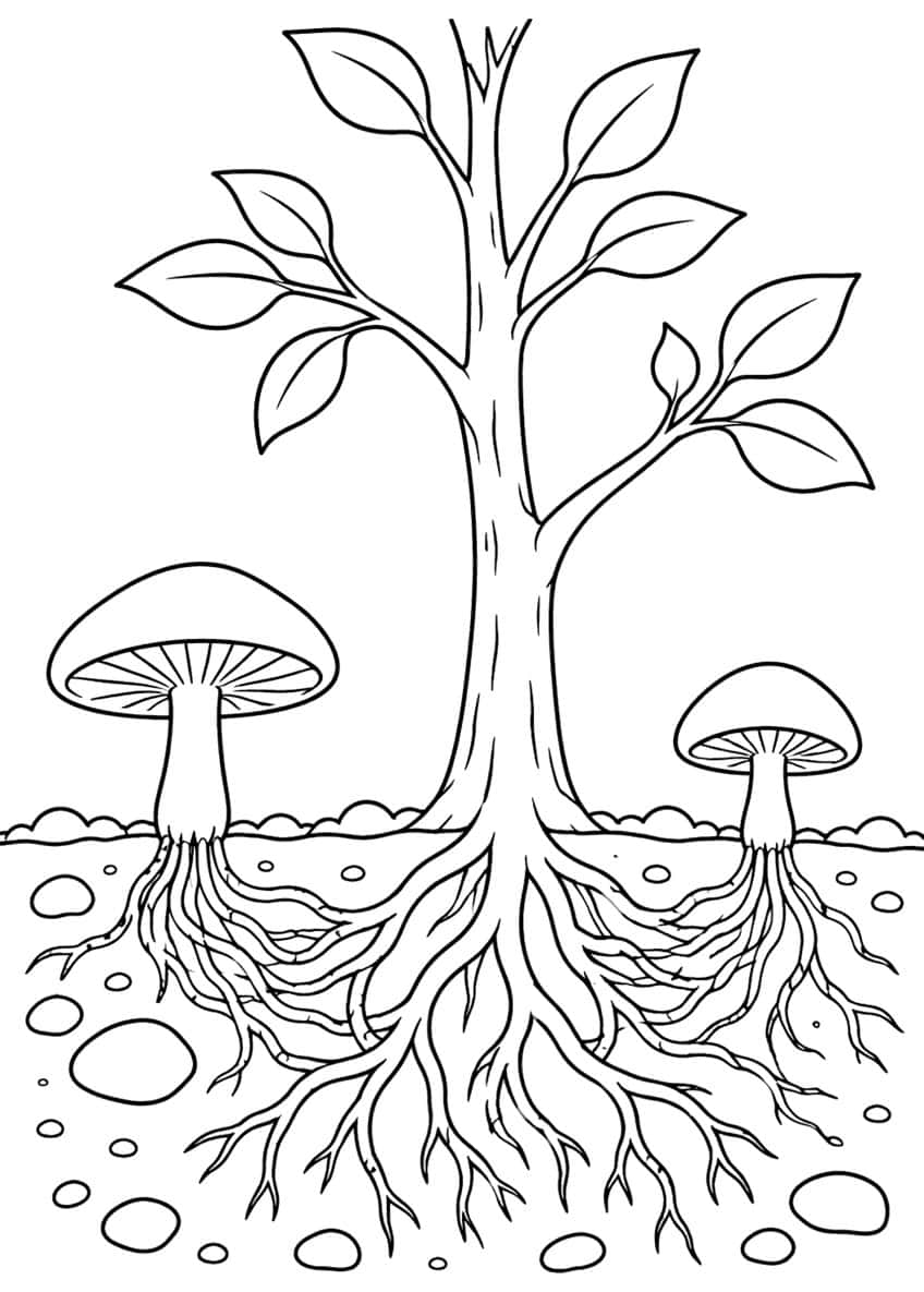 Tree with nine leaves and two mushrooms whose threads meet the roots underground among pebbles