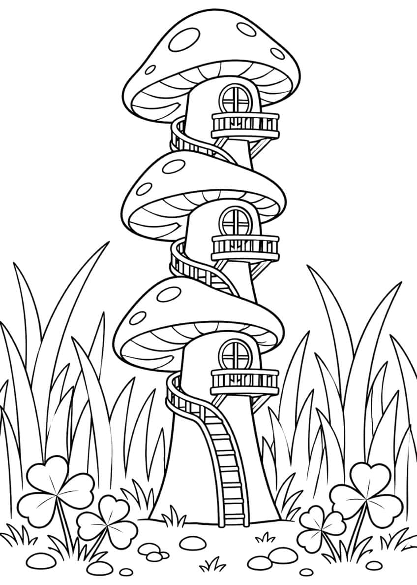 Mushroom tower of three spotted caps with windows, balconies and a spiral staircase, among grass and clover