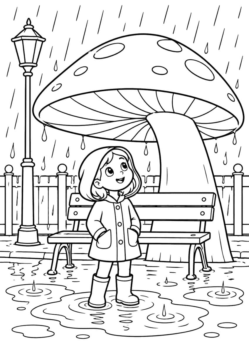 Girl in raincoat and boots in a puddle under a giant mushroom, with park bench, street lamp and rain