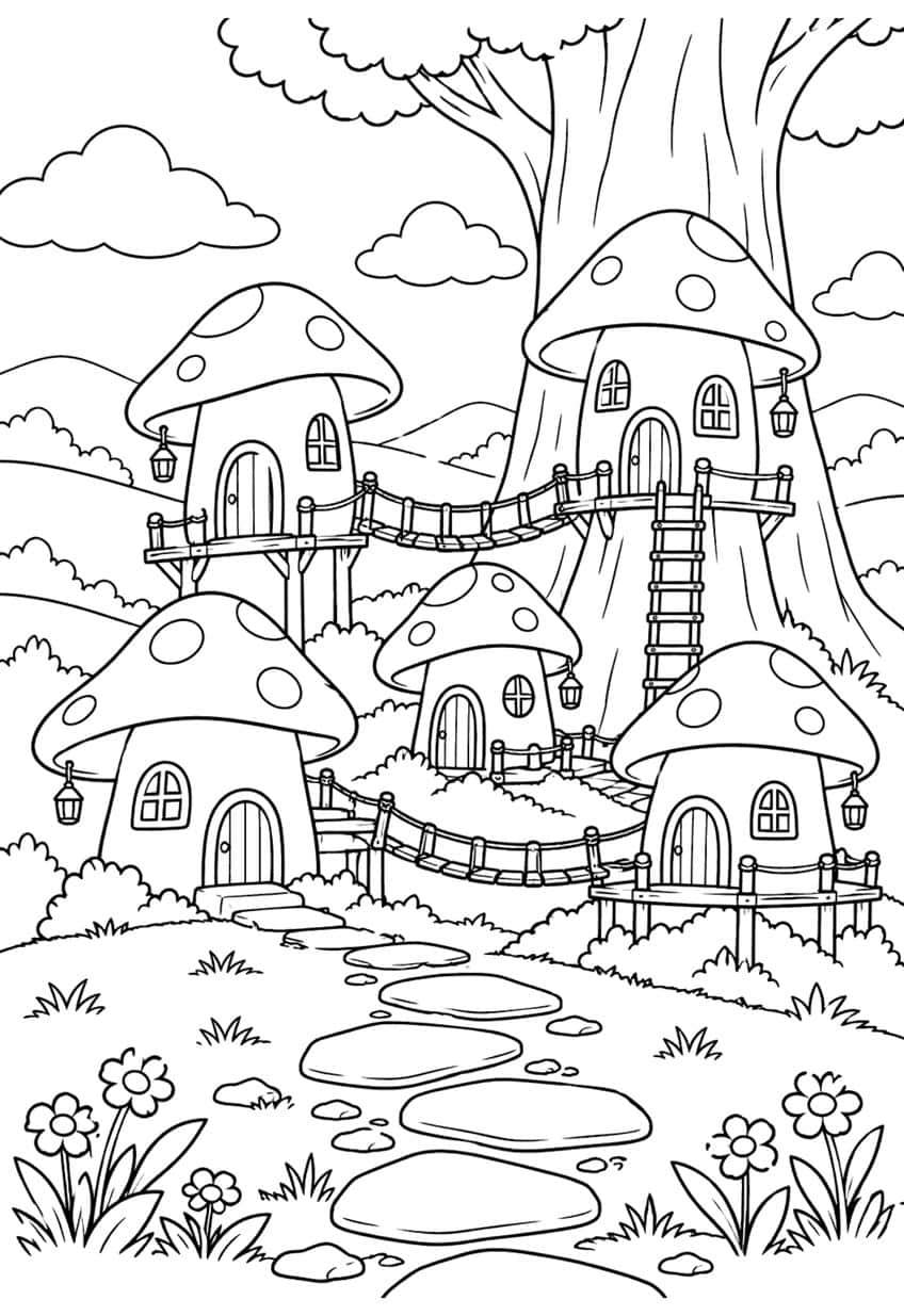 Four mushroom houses joined by rope bridges around a big tree, with a stepping-stone path and flowers