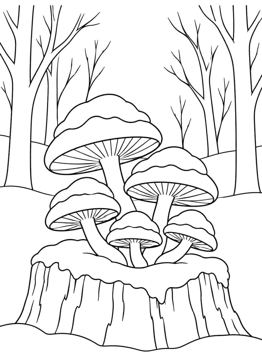 Five snow-capped mushrooms on a tree stump with bare winter trees and snowy hills behind