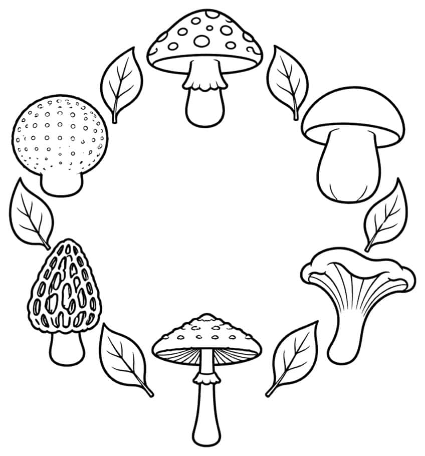 Ring of six mushrooms, including a morel and chanterelle, alternating with six leaves